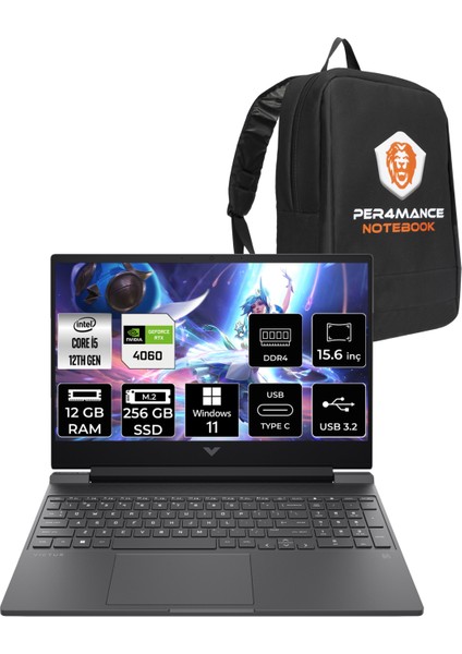 Victus 15 Intel Core I5 12500H 12GB 256GB SSD RTX4060/8GB 144Hz 15.6" Fhd W11H Taşınabilir Bilgisayar & Per4 Çanta B03C7EAPN356