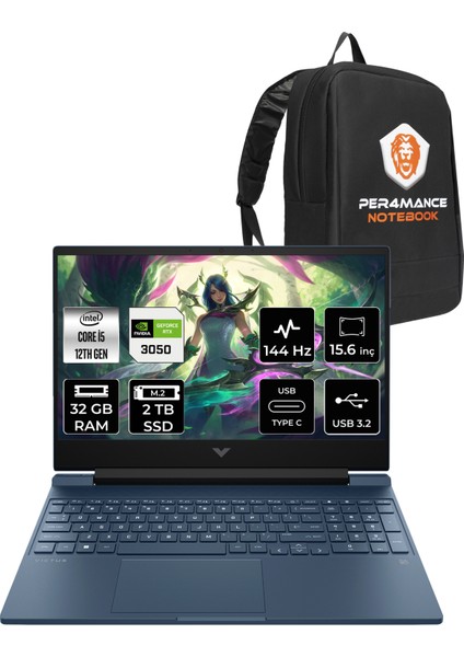 Victus 15 Intel Core I5 12450H 32GB 2tb SSD RTX3050/4GB 144Hz 15.6" Fhd Fdos Taşınabilir Bilgisayar & Per4 Çanta 80D32EAPN329