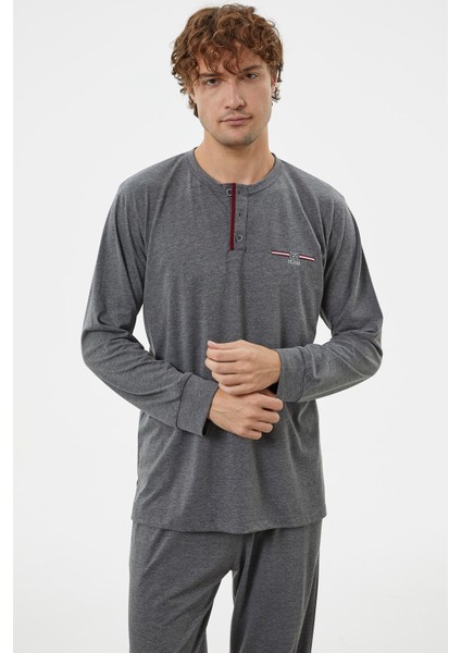 Patlı Çift Renk Düğmeli Pijama Takımı - Antrasit