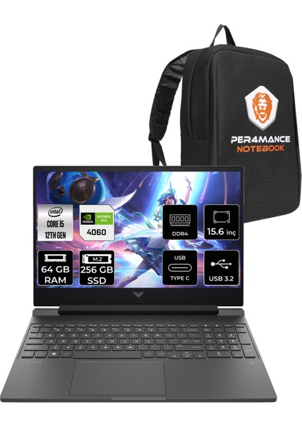 Victus 15 Intel Core I5 12500H 64GB 256GB SSD RTX4060/8GB 144Hz 15.6" Fhd Fdos Taşınabilir Bilgisayar & Per4 Çanta B03C7EAPN346