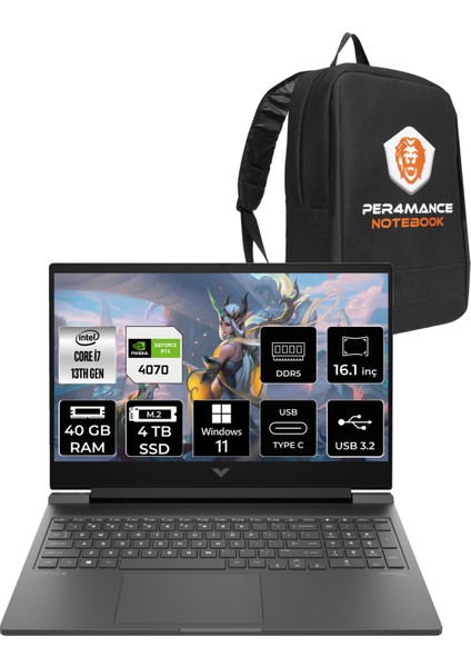 Victus 16 Intel Core I7 13700H 40GB 4tb SSD RTX4070/8GB 144Hz 16.1" Fhd W11H Taşınabilir Bilgisayar & Per4 Çanta 8V898EAPN365