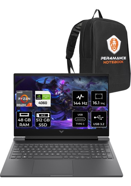 Victus 16 Amd Ryzen 7 8845HS 48GB 512GB SSD RTX4060/8GB 144Hz Fhd 16.1" Fhd Fdos Taşınabilir Bilgisayar & Per4 Çanta 9Z790EAPN327