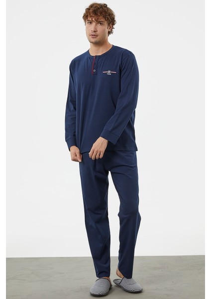 Patlı Çift Renk Düğmeli Pijama Takımı - Lacivert