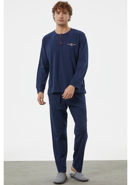 Patlı Çift Renk Düğmeli Pijama Takımı - Lacivert fiyatları