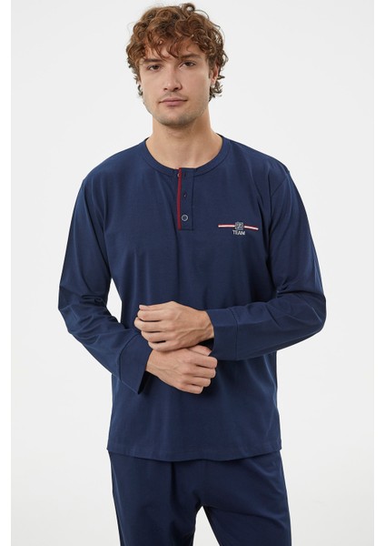 Patlı Çift Renk Düğmeli Pijama Takımı - Lacivert modelleri
