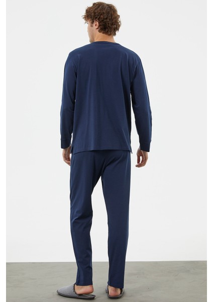 Patlı Çift Renk Düğmeli Pijama Takımı - Lacivert indirimleri