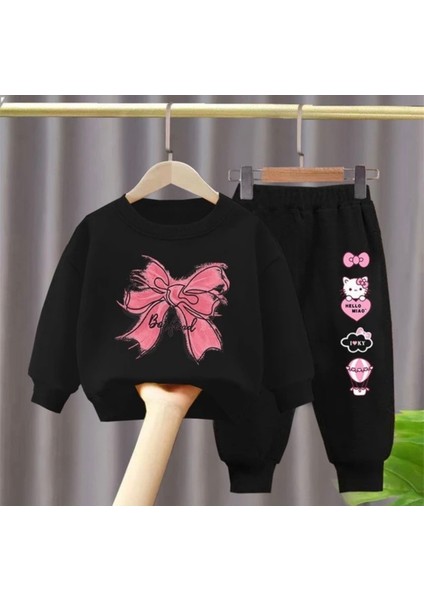 Özel Tasarım Hello Kitty Kurdele Baskılı Şardonlu Kışlık Kız Çocuk Eşofman Takımı