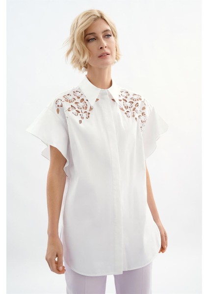 Dantelli Fırfırlı Kol Beyaz Pamuk Gömlek