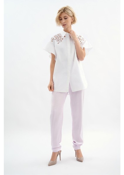Dantelli Fırfırlı Kol Beyaz Pamuk Gömlek fiyatları