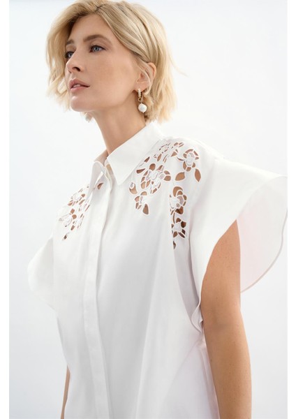 Dantelli Fırfırlı Kol Beyaz Pamuk Gömlek modelleri