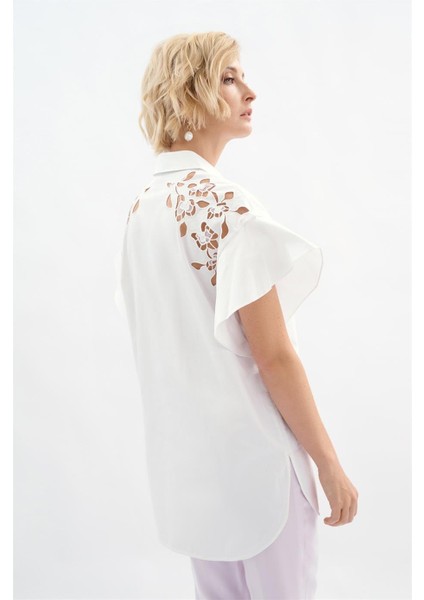 Dantelli Fırfırlı Kol Beyaz Pamuk Gömlek fırsatları