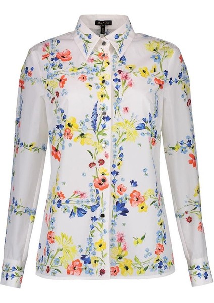 Çiçek Desenli Düğmeli Beyaz Pamuk Gömlek