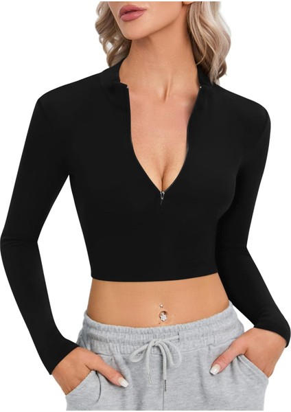 Siyah Darkalıp Slimfit Soft Touch Zipper Kaşkorse Fermuarlı Uzun Kol Body