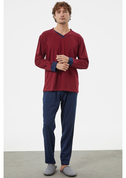 V Yaka Rahat Kalıp Pijama Takım - Bordo