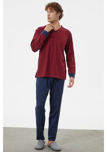 V Yaka Rahat Kalıp Pijama Takım - Bordo