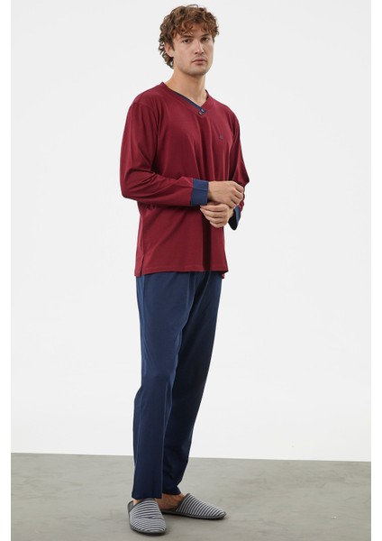 V Yaka Rahat Kalıp Pijama Takım - Bordo
