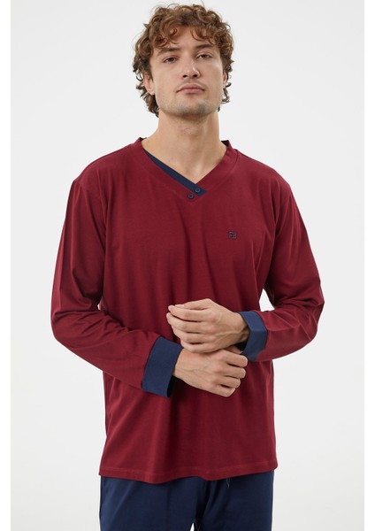 V Yaka Rahat Kalıp Pijama Takım - Bordo