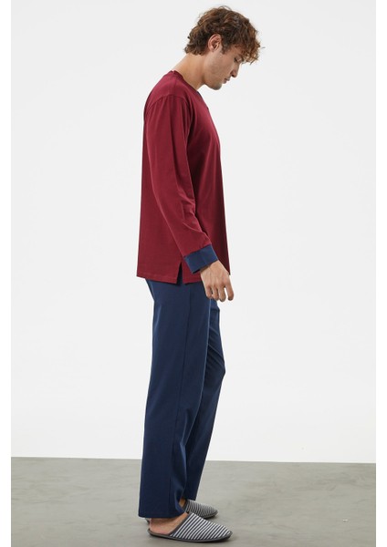 V Yaka Rahat Kalıp Pijama Takım - Bordo