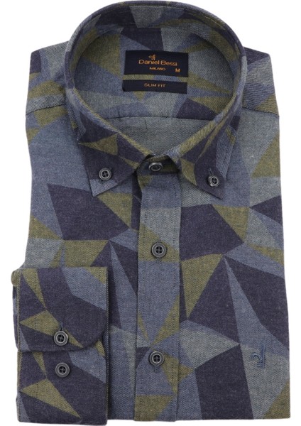 Slim Fit Uzun Kollu Mavi Baskılı Kışlık Erkek Gömlek 550-055-24