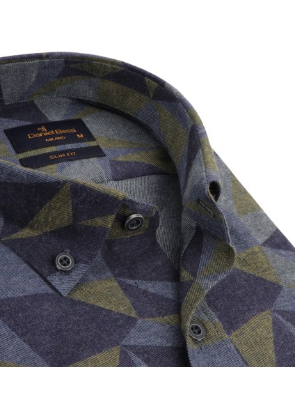 Slim Fit Uzun Kollu Mavi Baskılı Kışlık Erkek Gömlek 550-055-24 fiyatları