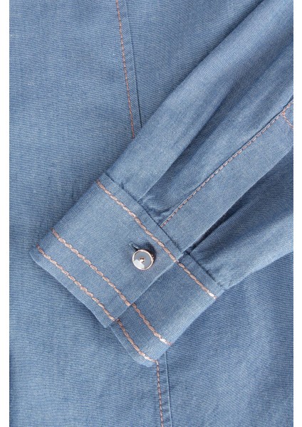 Sport Dikiş Detaylı Gizli Düğmeli Mavi Pamuklu Gömlek fırsatları