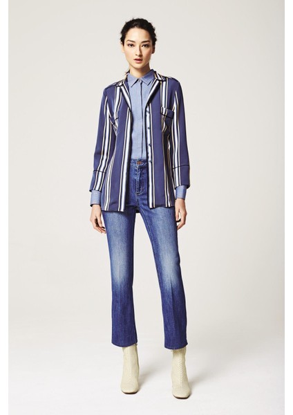 Sport Dikiş Detaylı Gizli Düğmeli Mavi Pamuklu Gömlek indirimleri