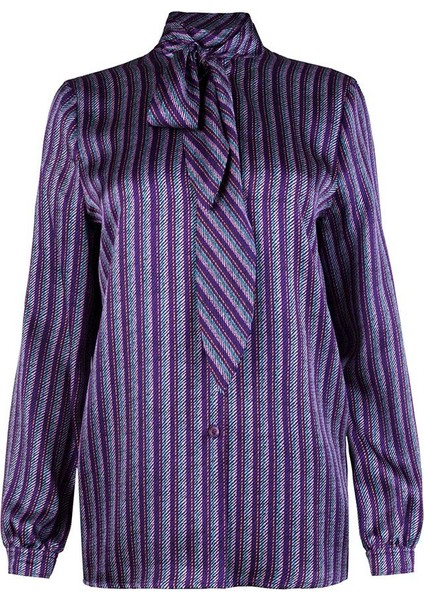 Şal Yaka Çizgili Mor Ipek Gömlek
