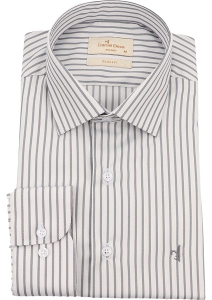 Slim Fit Uzun Kollu Gri Çizgili Erkek Gömlek 506-195-24