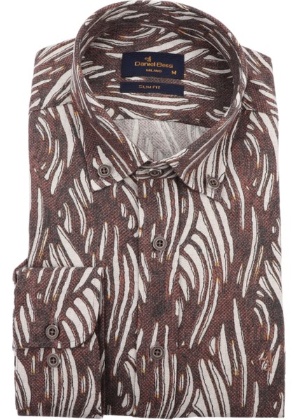 Slim Fit Uzun Kollu Kahverengi Baskılı Kışlık Erkek Gömlek 550-062-24