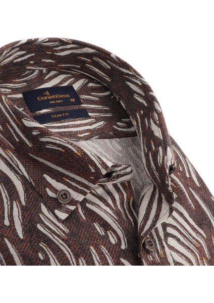 Slim Fit Uzun Kollu Kahverengi Baskılı Kışlık Erkek Gömlek 550-062-24 fiyatları