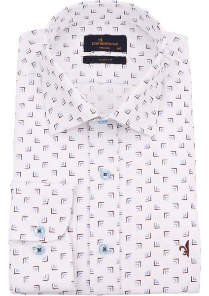 Slim Fit Uzun Kollu Beyaz Baskılı Erkek Gömlek 506-117-24