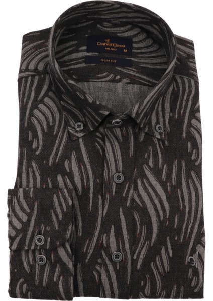 Slim Fit Uzun Kollu Gri Baskılı Kışlık Erkek Gömlek 550-058-24