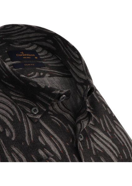 Slim Fit Uzun Kollu Gri Baskılı Kışlık Erkek Gömlek 550-058-24 fiyatları