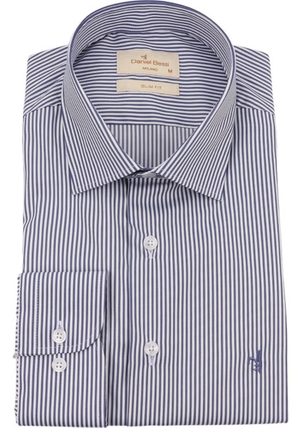 Slim Fit Uzun Kollu Koyu Mavi Çizgili Erkek Gömlek 506-212-24
