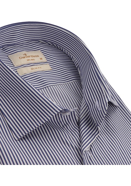 Slim Fit Uzun Kollu Koyu Mavi Çizgili Erkek Gömlek 506-212-24 fiyatları