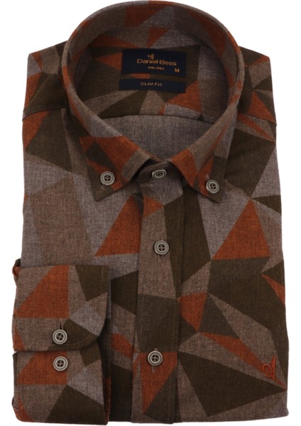 Slim Fit Uzun Kollu Kahverengi Baskılı Kışlık Erkek Gömlek 550-056-24