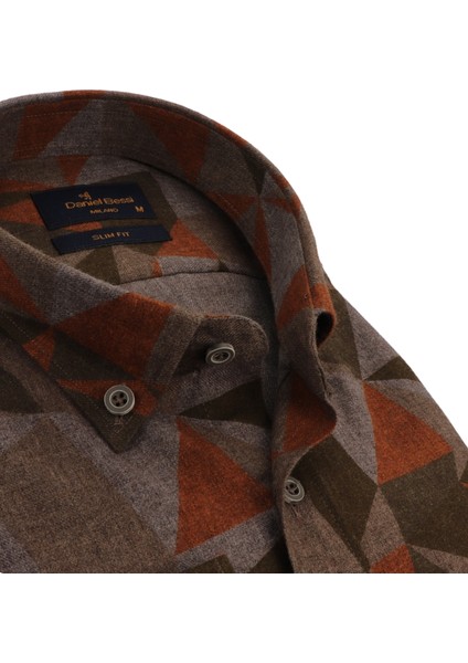 Slim Fit Uzun Kollu Kahverengi Baskılı Kışlık Erkek Gömlek 550-056-24 fiyatları