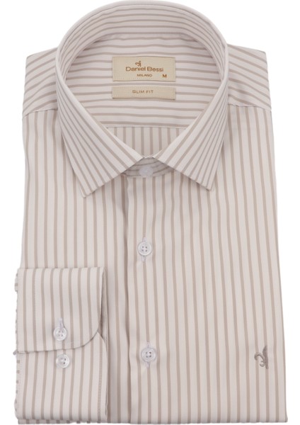 Slim Fit Uzun Kollu Krem Çizgili Erkek Gömlek 506-193-24