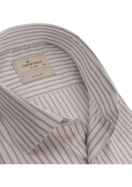 Slim Fit Uzun Kollu Krem Çizgili Erkek Gömlek 506-193-24 fiyatları