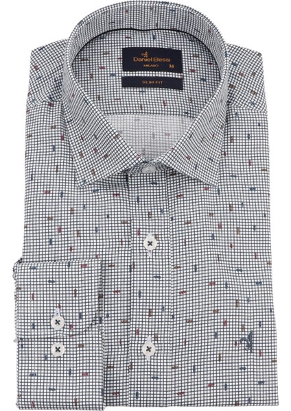Slim Fit Uzun Kollu Lacivert Baskılı Erkek Gömlek 506-175-24