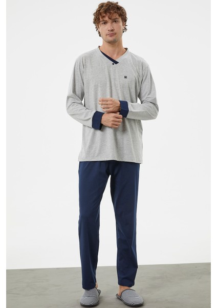V Yaka Rahat Kalıp Pijama Takım - Gri