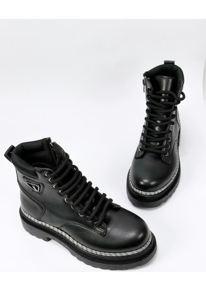 V Tokali Fermuarli Sim Detayli Kadin Botu