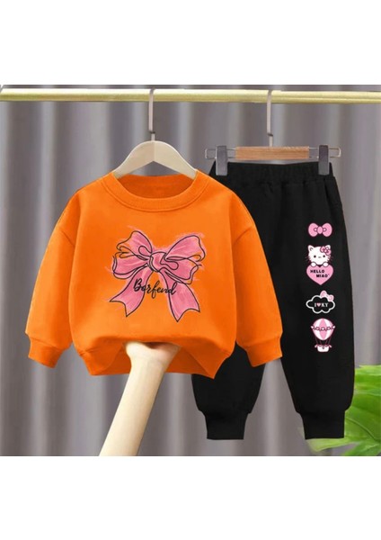 Özel Tasarım Hello Kitty Kurdele Baskılı Şardonlu Kışlık Kız Çocuk Eşofman Takımı