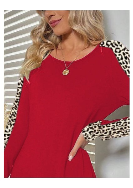 Kadın Uzun Kollu Bisiklet Yaka Kollar Leopar Detay Iki Iplik Mini Boy Elbise fiyatları