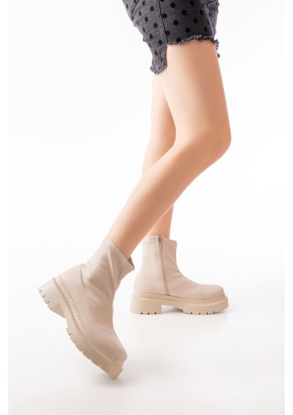 236-2011 Bej Streç Fermuarlı Günlük Kadın Bot