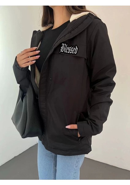 Unisex Tam Kalıp Kapşonlu Içi Kürklü Mont - Siyah