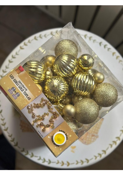 75 Adet Gold Yılbaşı Ağacı Süsü, 20 Adet LED Işık, Yılbaşı Topları, Noel Süsleri