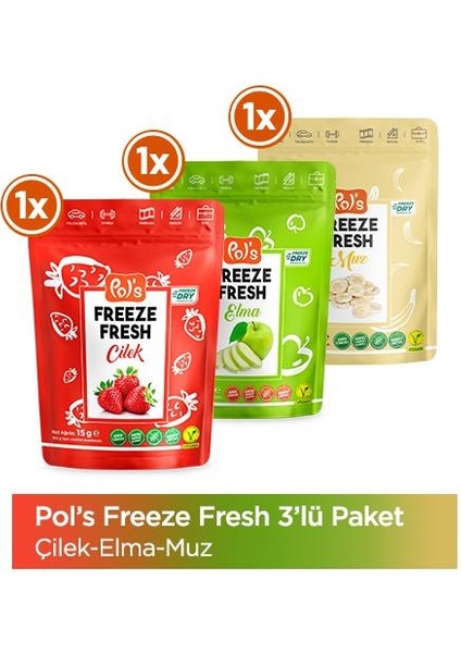 Pol’s Freeze Fresh Çilek 20 g x 1 Adet, Elma 15 g x 1 Adet, Muz 20 g x 1 Adet Freeze Dry Dondurularak Kurutulmuş Meyve