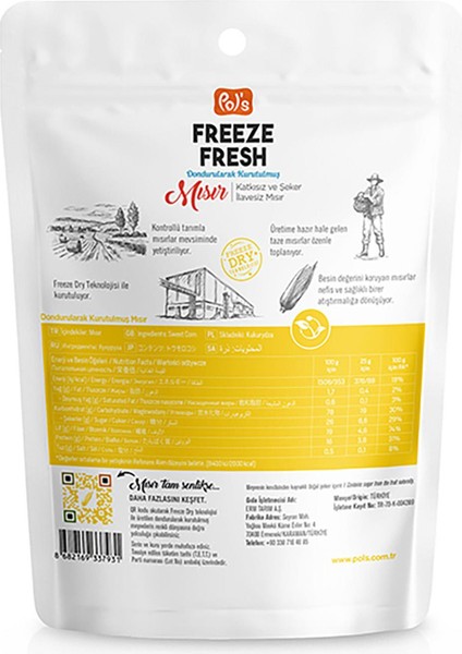 Pol's Freeze Fresh Mısır 25 g x7 Adet Freeze Dry Dondurularak Kurutulmuş Meyve