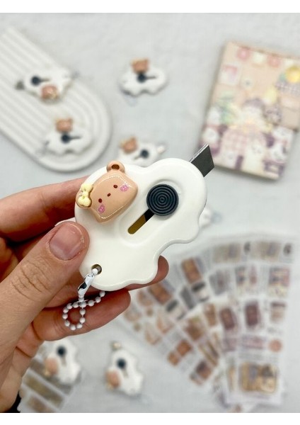 Kahverengi Ayıcıklı Beyaz Mini Maket Bıçağı/ Sanat Bıçağı / Bullet Journal / Scrapbook